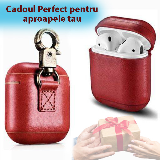 Husa de Protectie pentru casti, compatibile cu AirPods 1 si 2, din piele naturala de calitate, cu carlig rezistent, Design elegant, Culoare Rosu [2]