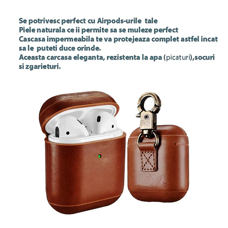 Husa de Protectie pentru casti, compatibile cu AirPods 1 si 2, din piele naturala de calitate, cu carlig rezistent, Design elegant, Maro [7]