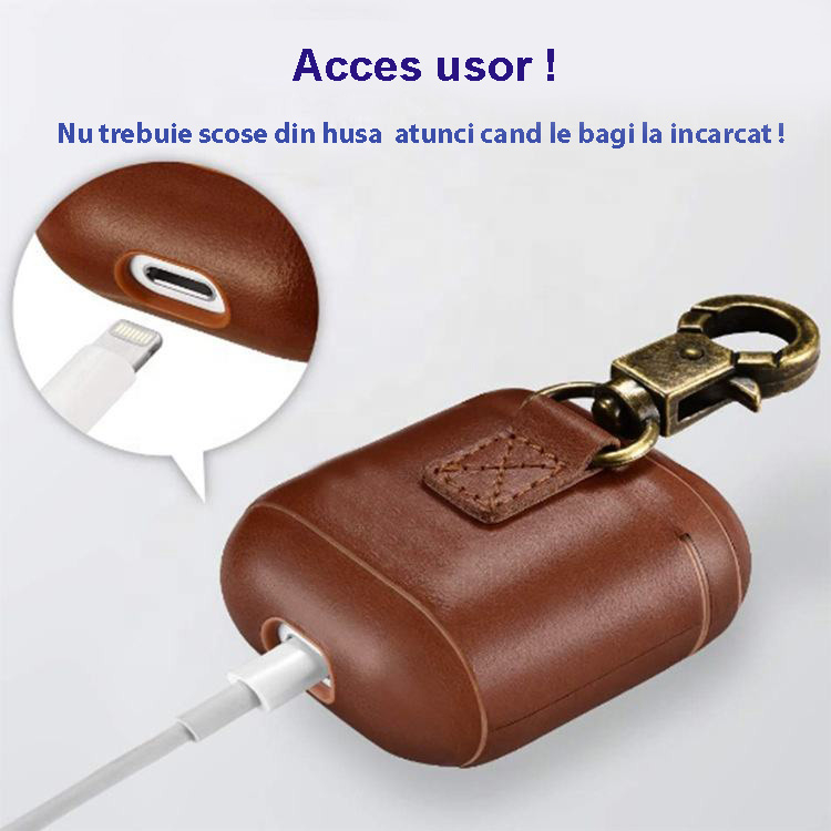 Husa de Protectie pentru casti, compatibile cu AirPods 1 si 2, din piele naturala de calitate, cu carlig rezistent, Design elegant, Maro [8]
