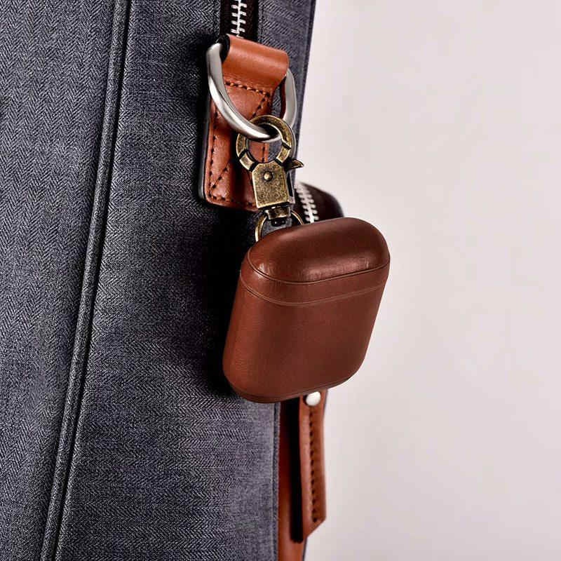 Husa de Protectie pentru casti, compatibile cu AirPods 1 si 2, din piele naturala de calitate, cu carlig rezistent, Design elegant, Maro [2]
