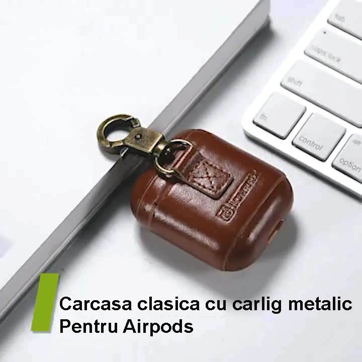 Husa de Protectie pentru casti, compatibile cu AirPods 1 si 2, din piele naturala de calitate, cu carlig rezistent, Design elegant, Maro [5]