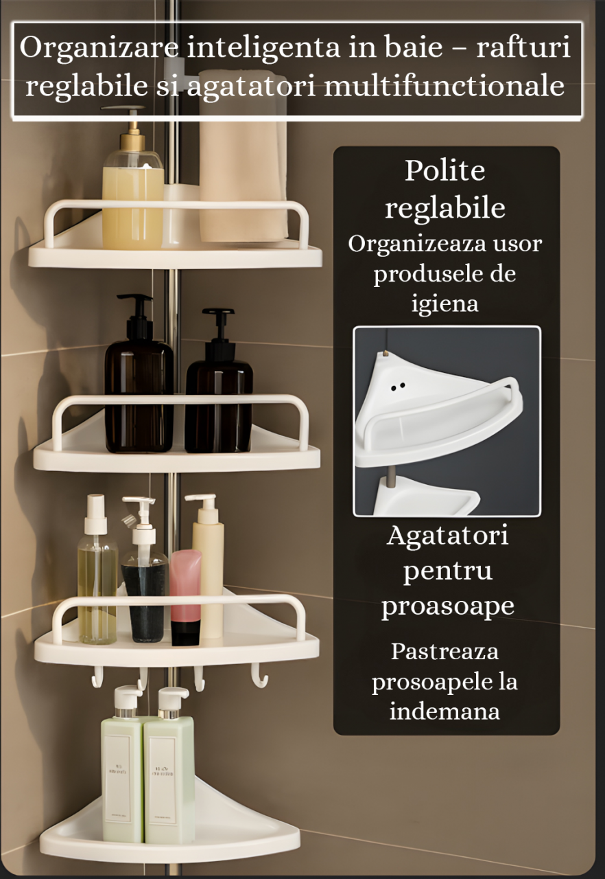 Raft telescopic de baie cu 4 polite reglabile, instalare fara gaurire, design modern alb [4]