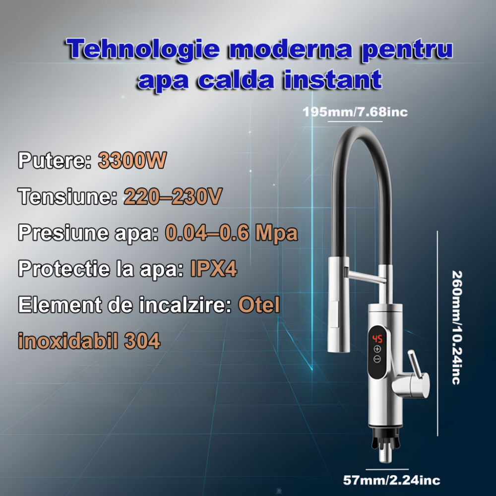 Robinet Electric, Bucatarie, Instant apa calda, Temperatura reglabila, Afisaj LED – Apa Calda, Rece in 3 Secunde, Putere 3300W, Design Modern din Otel Inoxidabil, Afisaj Digital al temperaturii, Ideal [8]