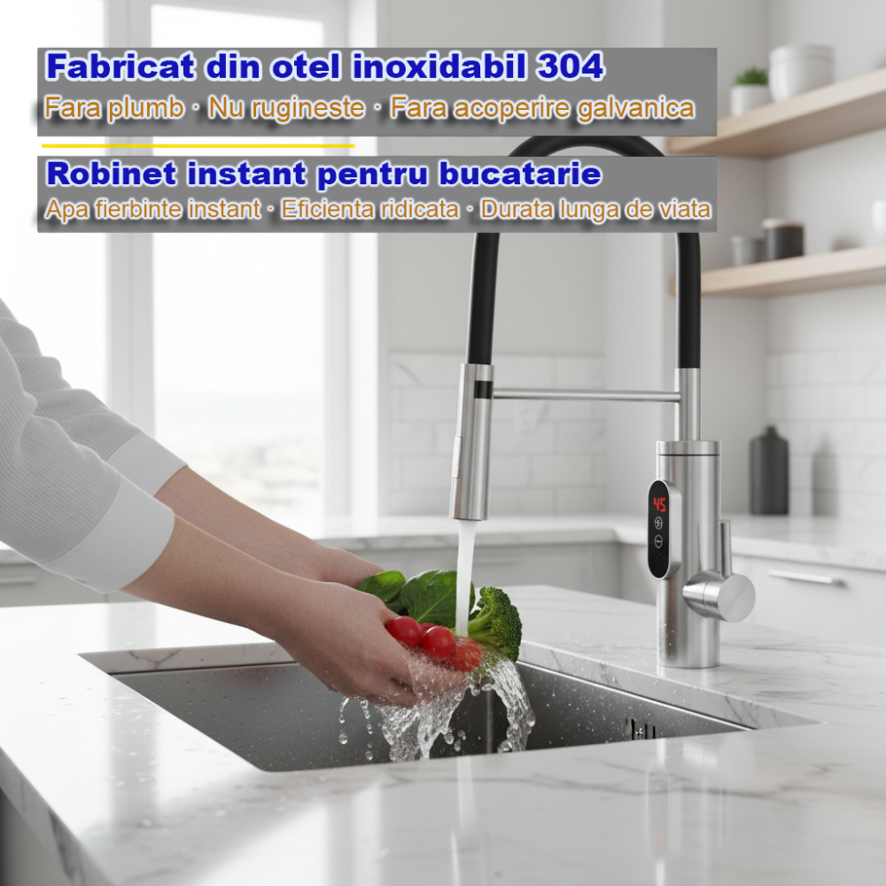 Robinet Electric, Bucatarie, Instant apa calda, Temperatura reglabila, Afisaj LED – Apa Calda, Rece in 3 Secunde, Putere 3300W, Design Modern din Otel Inoxidabil, Afisaj Digital al temperaturii, Ideal [9]