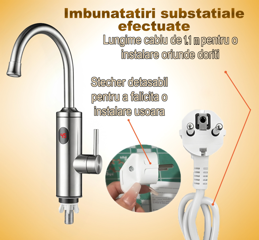 Robinet Instant pentru Apa Calda si Rece, Incalzire in doar 3 secunde, Afisaj Digital LED, 3300W, Corp din Otel Inoxidabil, Rotatie 360°, Culoare Argintiu, Stecher Detasabil si Cablul de 1.1m [11]