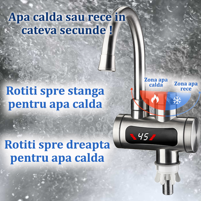 Robinet Electric, Instant, Incalzitor Instantaneu, Putere 3300W cu Afisaj LED – Apa Calda sau Rece in 3 Secunde, Design Modern din Otel Inoxidabil, Afisaj Digital al Temperaturii, Ideal pentru Baie, Bucatarie si Exterior, Rotire 360°, Instalare Rapida, Cablul de Alimentare de 2m si Stecher Detasabil [5]
