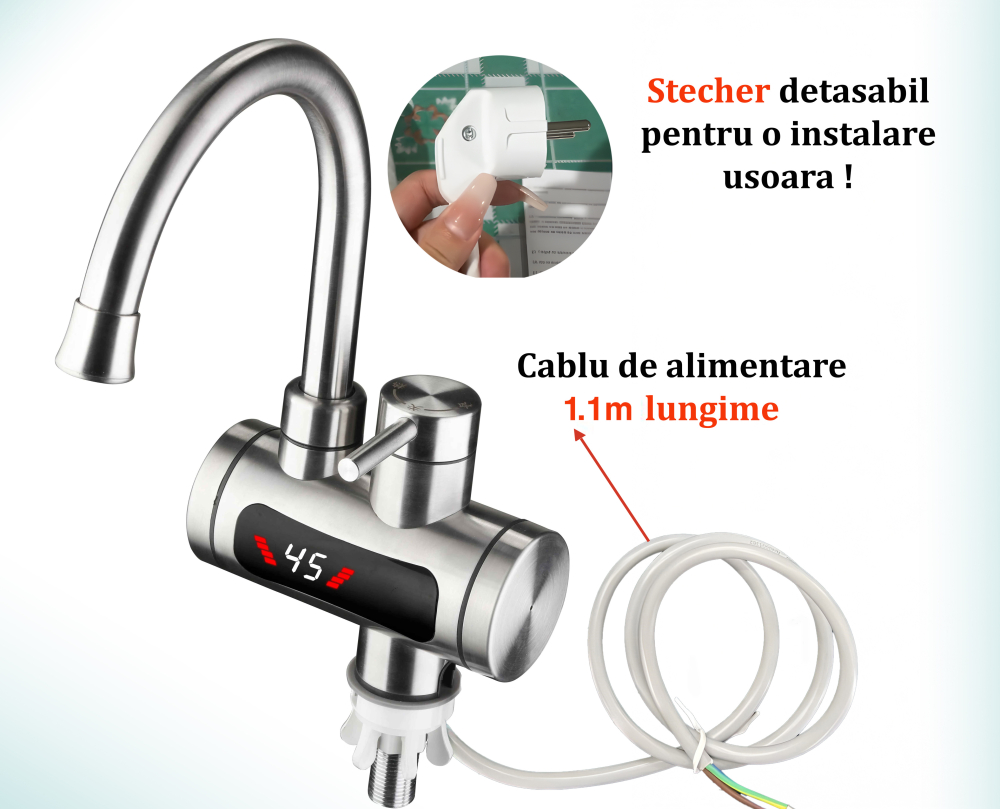 Robinet Electric, Instant, Incalzitor Instantaneu, Putere 3300W cu Afisaj LED – Apa Calda sau Rece in 3 Secunde, Design Modern din Otel Inoxidabil, Afisaj Digital al Temperaturii, Ideal pentru Baie, Bucatarie si Exterior, Rotire 360°, Instalare Rapida, Cablul de Alimentare de 1.1m si Stecher Detasabil [9]