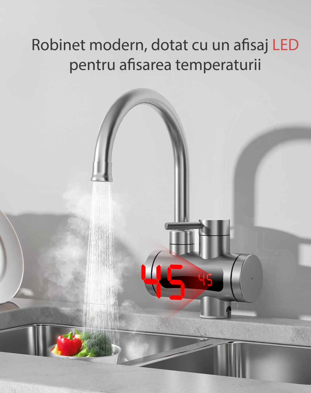 Robinet Electric, Instant, Incalzitor Instantaneu, Putere 3300W cu Afisaj LED – Apa Calda sau Rece in 3 Secunde, Design Modern din Otel Inoxidabil, Afisaj Digital al Temperaturii, Ideal pentru Baie, Bucatarie si Exterior, Rotire 360°, Instalare Rapida, Cablul de Alimentare de 2m si Stecher Detasabil [4]