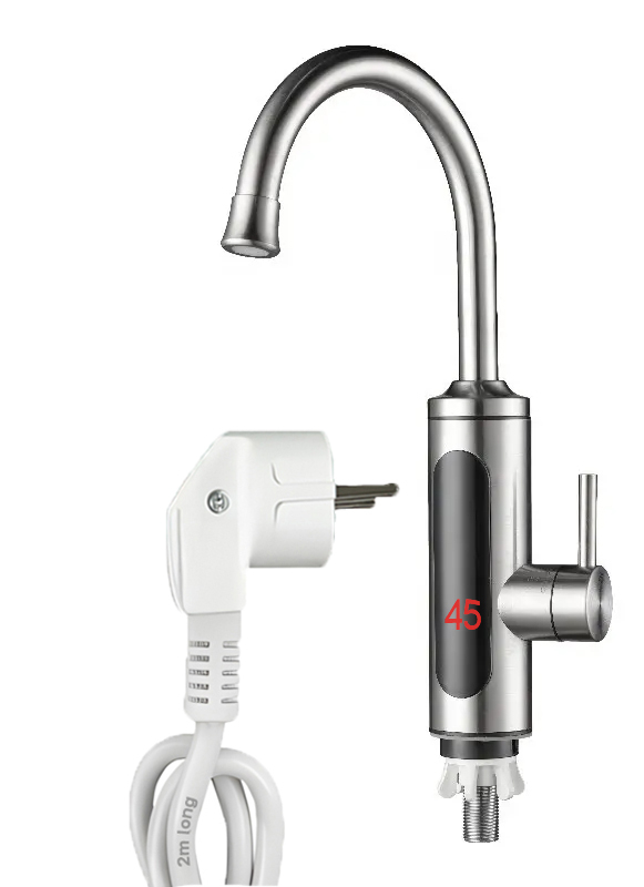 Robinet Instant pentru Apa Calda si Rece, Incalzire in doar 3 secunde, Afisaj Digital LED, 3300W, Corp din Otel Inoxidabil, Rotatie 360°, Culoare Argintiu, Stecher Detasabil si Cablul de 2m [2]
