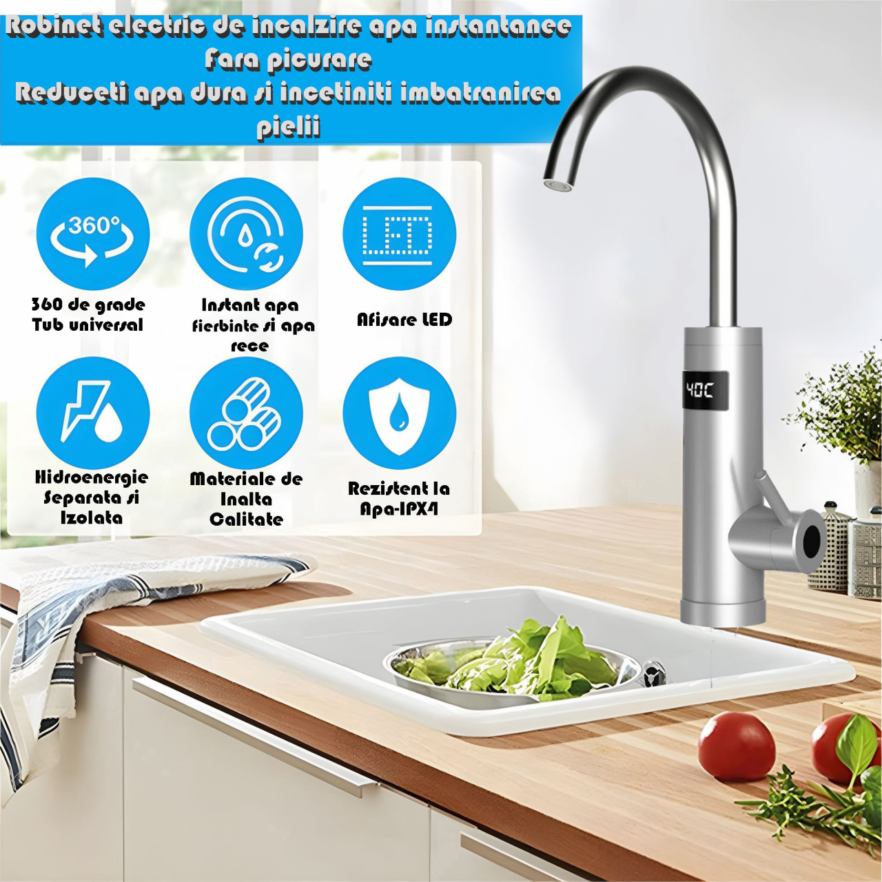 Robinet Electric Instant Apa Calda si Rece TK32A - Afisaj LED, Incalzire Rapida 3200W, Otel Inoxidabil, Cablu 2m si Stecher Detasabil [5]