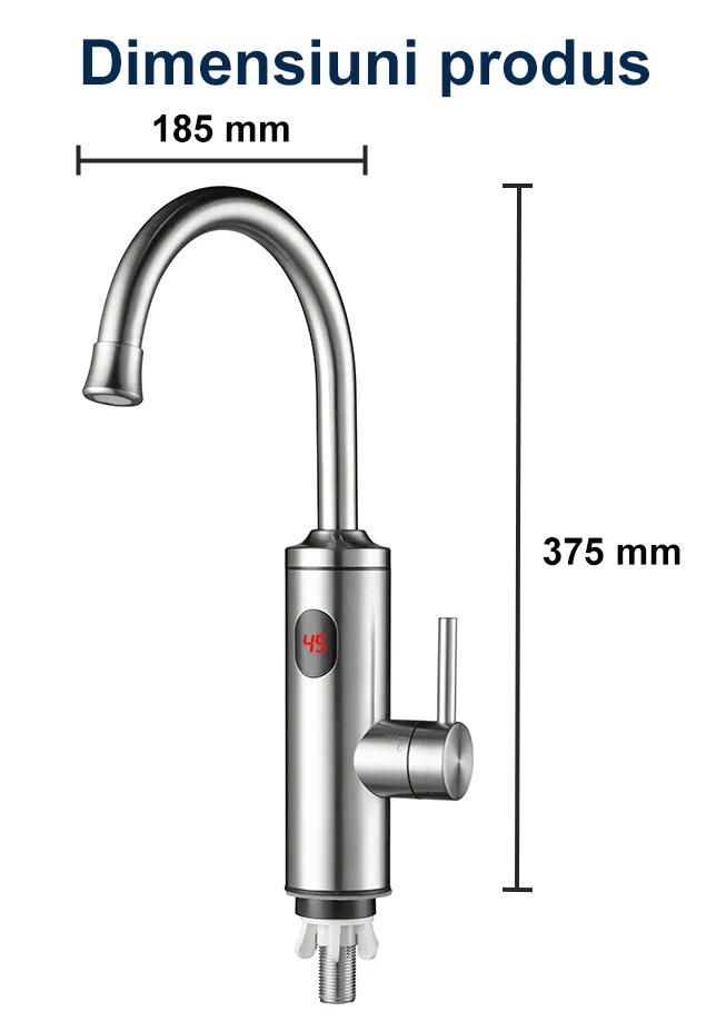 Robinet Instant apa calda,  Incalzitor Instantaneu, cu Afisaj LED – Apa Calda sau Rece in 3 Secunde,  Putere 3300W, Design Modern din Otel Inoxidabil, Afisaj Digital al temperaturii, Ideal pentru Baie, Bucatarie si Exterior, Rotire 360°, Instalare Rapida [8]