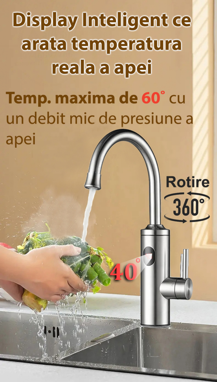 Robinet Instant apa calda,  Incalzitor Instantaneu, cu Afisaj LED – Apa Calda sau Rece in 3 Secunde,  Putere 3300W, Design Modern din Otel Inoxidabil, Afisaj Digital al temperaturii, Ideal pentru Baie, Bucatarie si Exterior, Rotire 360°, Instalare Rapida [6]
