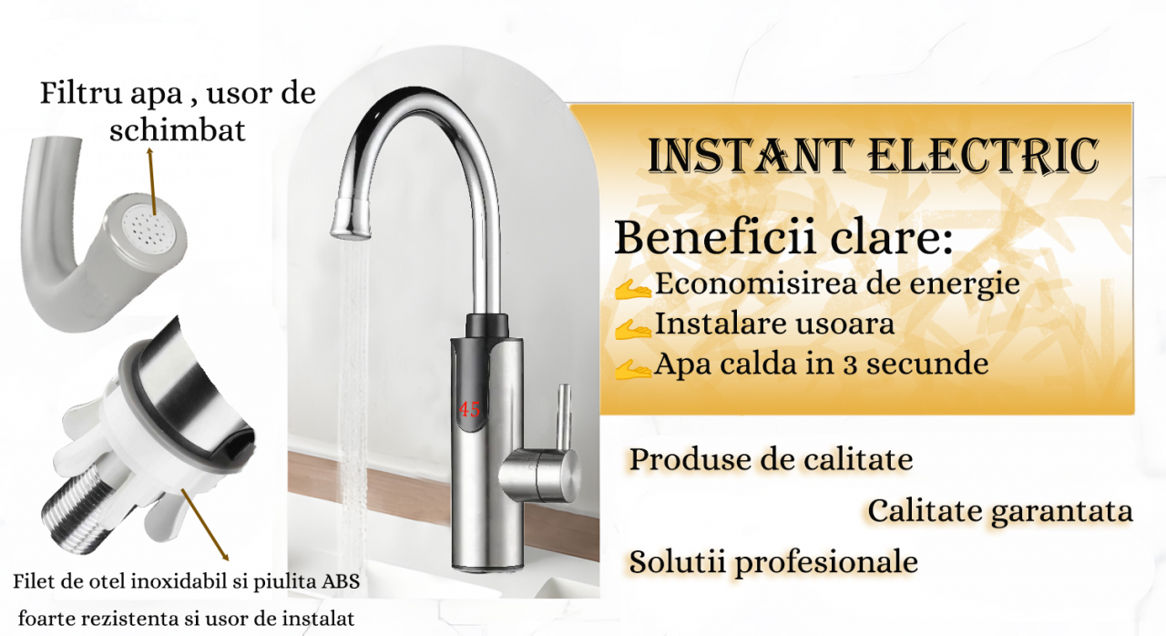 Robinet Instant Apa Calda 3300W, Afisaj LED Digital, Incalzire Rapida in 3 Secunde, Otel Inoxidabil, Rotativ 360°, Apa Calda si Rece [5]