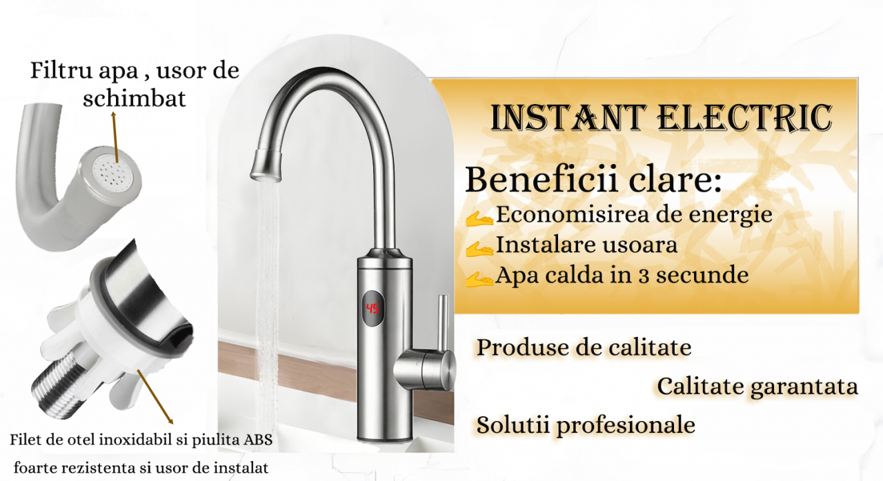 Robinet Instant apa calda,  Incalzitor Instantaneu, cu Afisaj LED – Apa Calda sau Rece in 3 Secunde,  Putere 3300W, Design Modern din Otel Inoxidabil, Afisaj Digital al temperaturii, Ideal pentru Baie, Bucatarie si Exterior, Rotire 360°, Instalare Rapida [3]