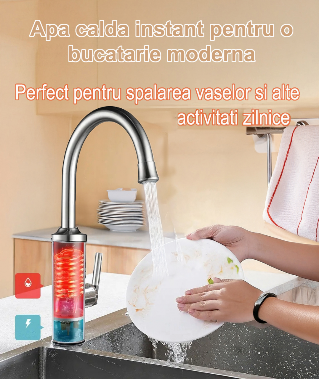 Robinet Instant apa calda,  Incalzitor Instantaneu, cu Afisaj LED – Apa Calda sau Rece in 3 Secunde,  Putere 3300W, Design Modern din Otel Inoxidabil, Afisaj Digital al temperaturii, Ideal pentru Baie, Bucatarie si Exterior, Rotire 360°, Instalare Rapida [4]