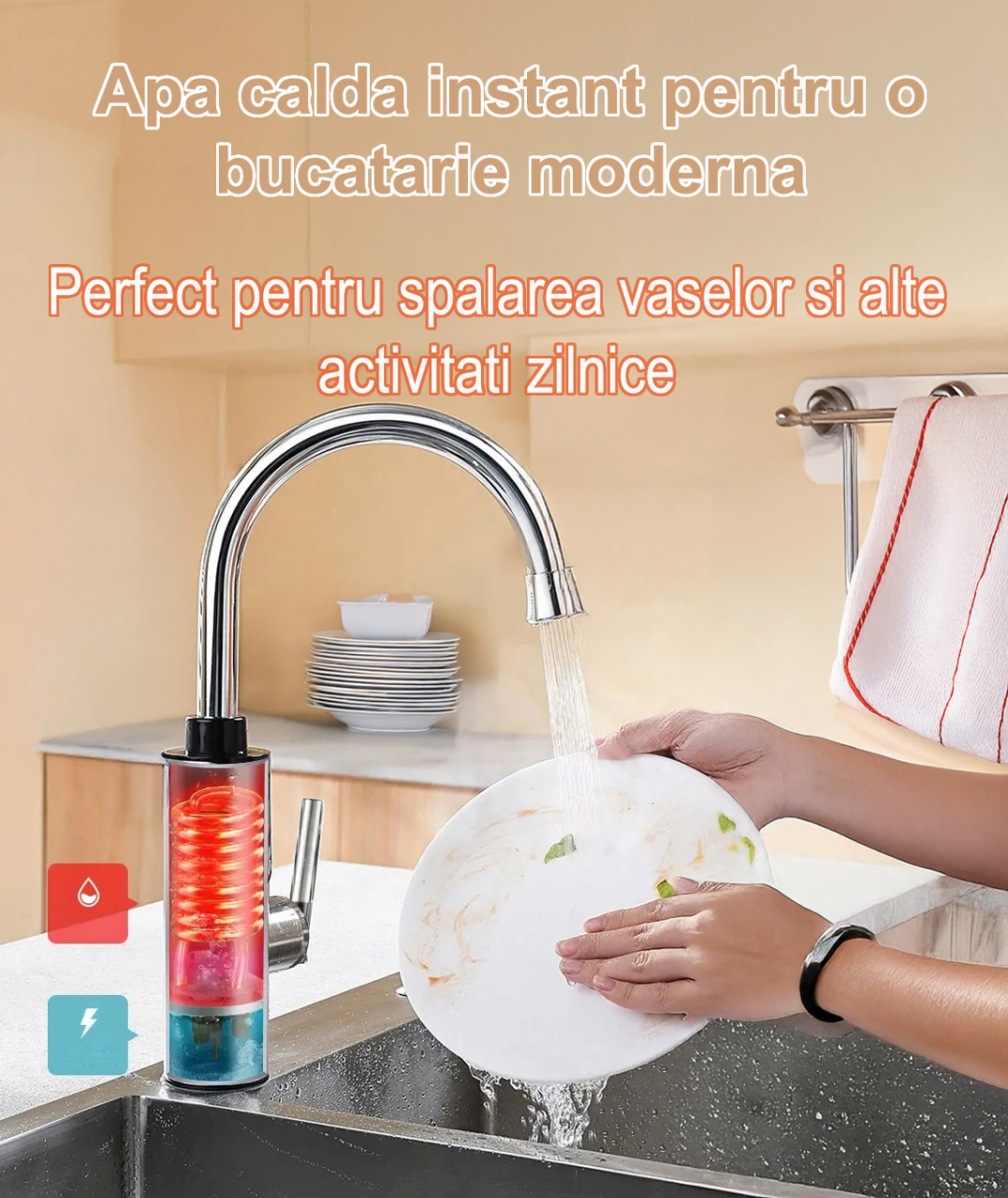 Robinet Instant Apa Calda 3300W, Afisaj LED Digital, Incalzire Rapida in 3 Secunde, Otel Inoxidabil, Rotativ 360°, Apa Calda si Rece [9]