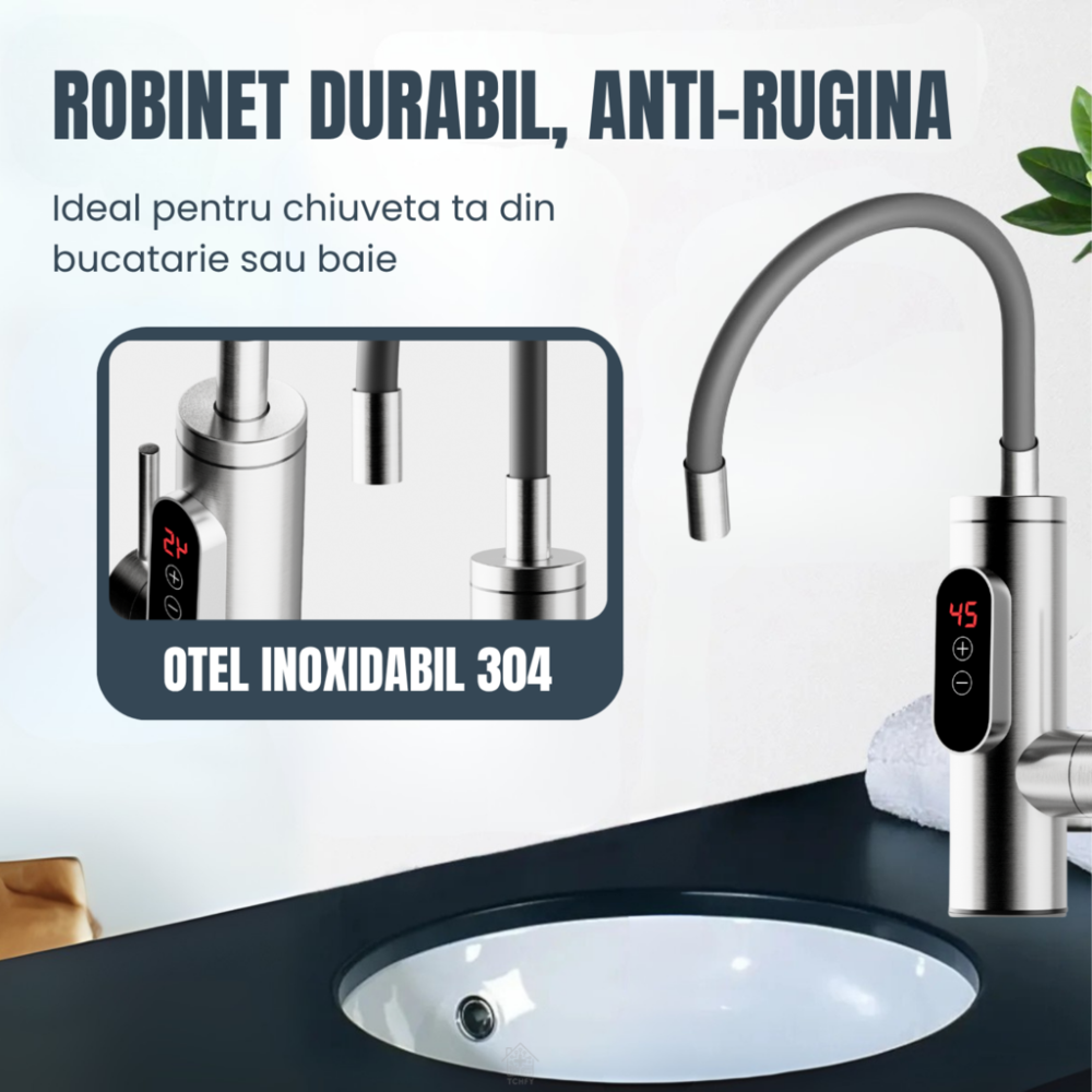 Robinet Instant apa calda, Temperatura reglabila, cu Afisaj LED – Apa Calda sau Rece in 3 Secunde, Putere 3300W, Design Modern din Otel Inoxidabil, Afisaj Digital al temperaturii, Ideal pentru Baie, B [4]