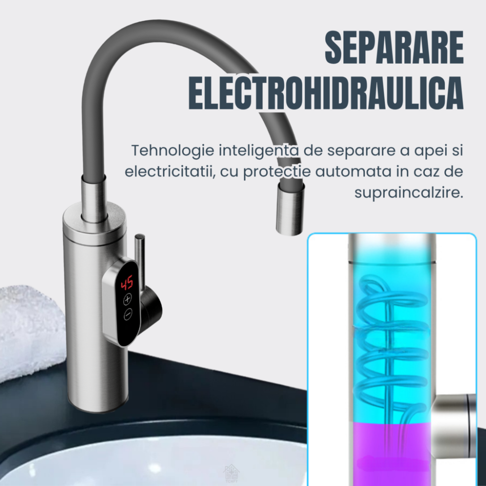 Robinet Instant apa calda, Temperatura reglabila, cu Afisaj LED – Apa Calda sau Rece in 3 Secunde, Putere 3300W, Design Modern din Otel Inoxidabil, Afisaj Digital al temperaturii, Ideal pentru Baie, B [6]