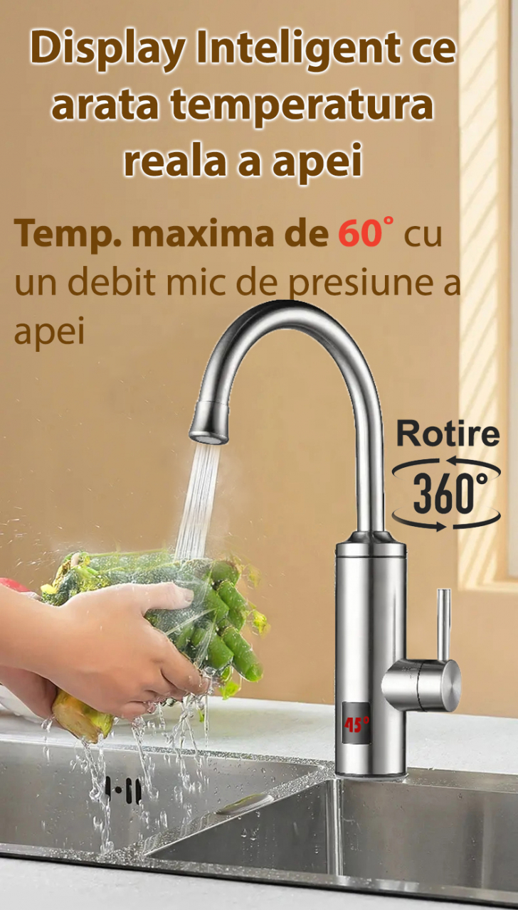 Robinet Instant pentru Apa Calda si Rece, Incalzire in doar 3 secunde, Afisaj Digital LED, 3300W, Corp din Otel Inoxidabil, Rotatie 360°, Culoare Argintiu, Stecher Detasabil si Cablul de 2m [6]