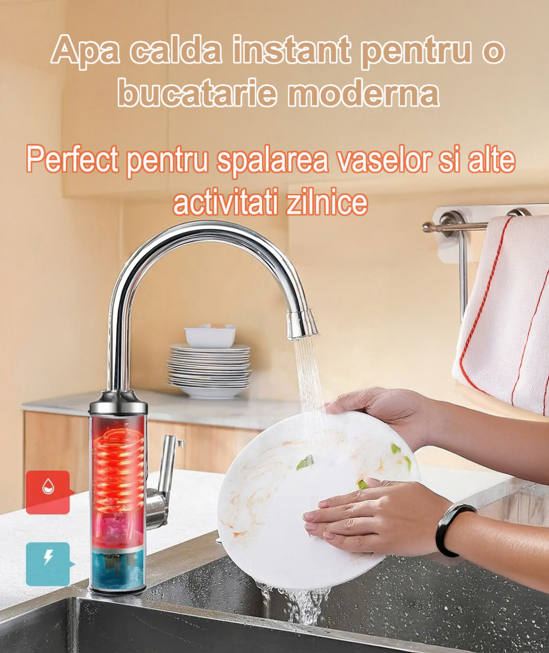 Robinet Instant pentru Apa Calda si Rece, Incalzire in doar 3 secunde, Afisaj Digital LED, 3300W, Corp din Otel Inoxidabil, Rotatie 360°, Culoare Argintiu, Stecher Detasabil si Cablul de 2m [5]