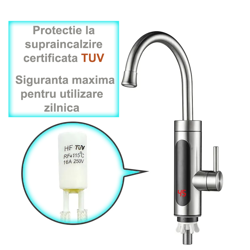 Robinet Instant pentru Apa Calda si Rece, Incalzire in doar 3 secunde, Afisaj Digital LED, 3300W, Corp din Otel Inoxidabil, Rotatie 360°, Culoare Argintiu, Stecher Detasabil si Cablul de 2m [5]