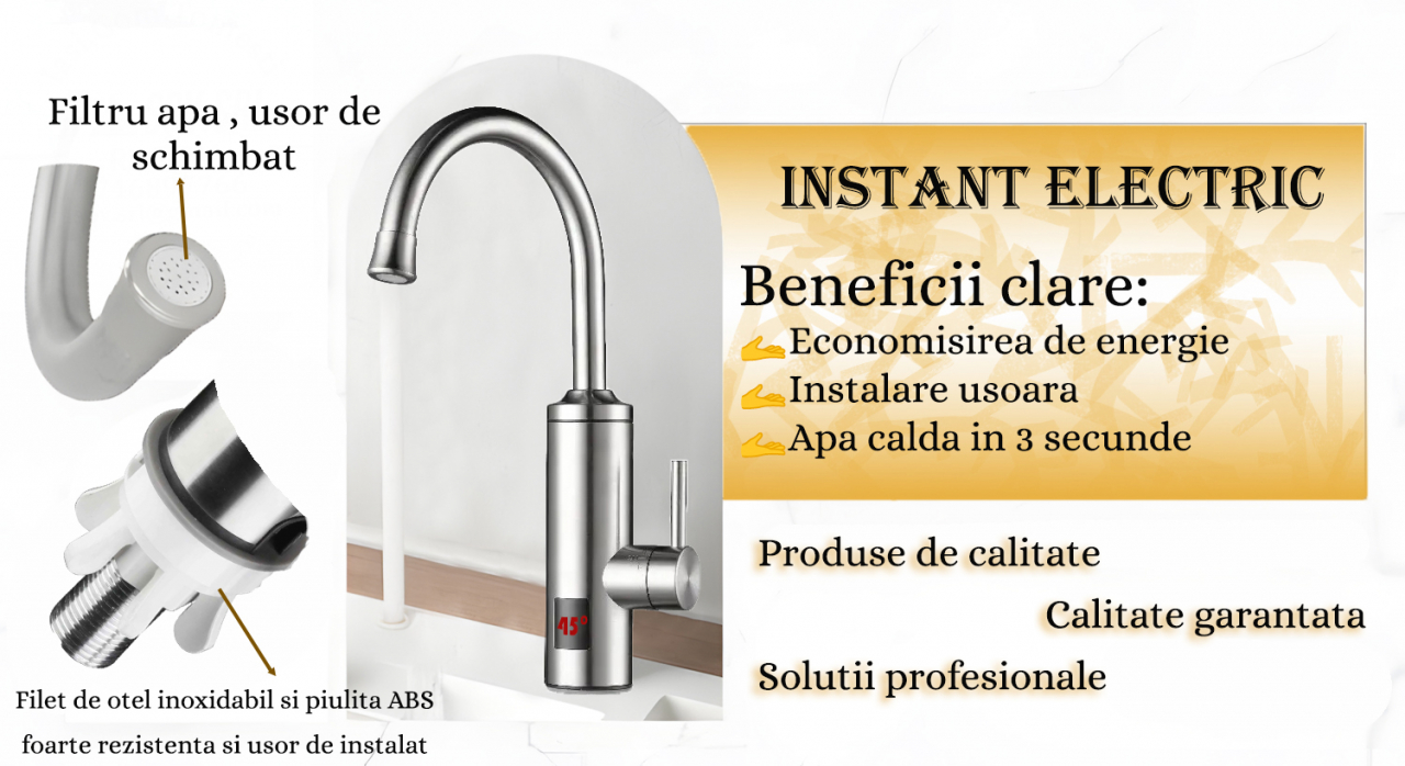 Robinet Instant pentru Apa Calda si Rece, Incalzire in doar 3 secunde, Afisaj Digital LED, 3300W, Corp din Otel Inoxidabil, Rotatie 360°, Culoare Argintiu, Stecher Detasabil si Cablul de 2m [4]