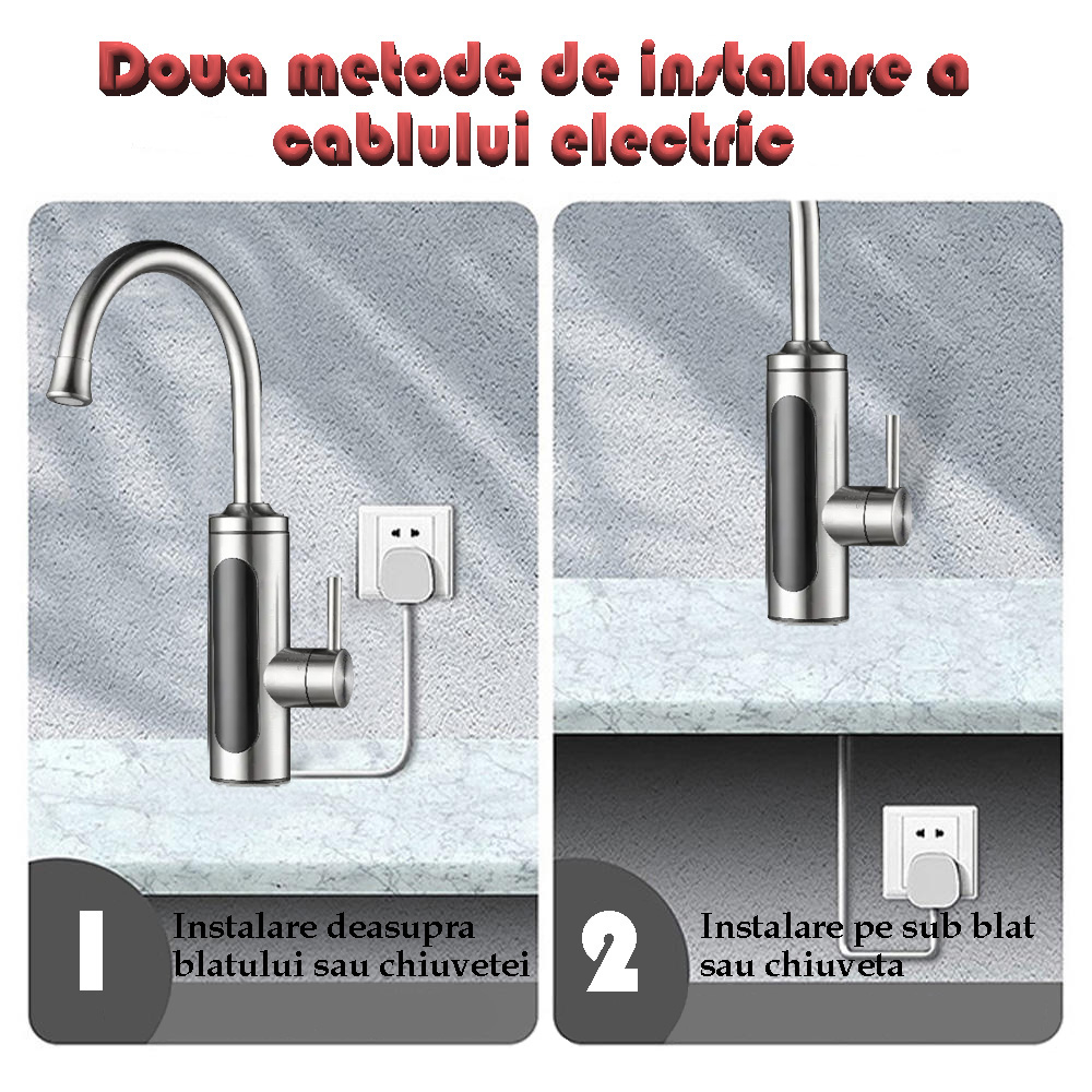 Robinet Instant pentru Apa Calda si Rece, Incalzire in doar 3 secunde, Afisaj Digital LED, 3300W, Corp din Otel Inoxidabil, Rotatie 360°, Culoare Argintiu, Stecher Detasabil si Cablul de 2m [6]