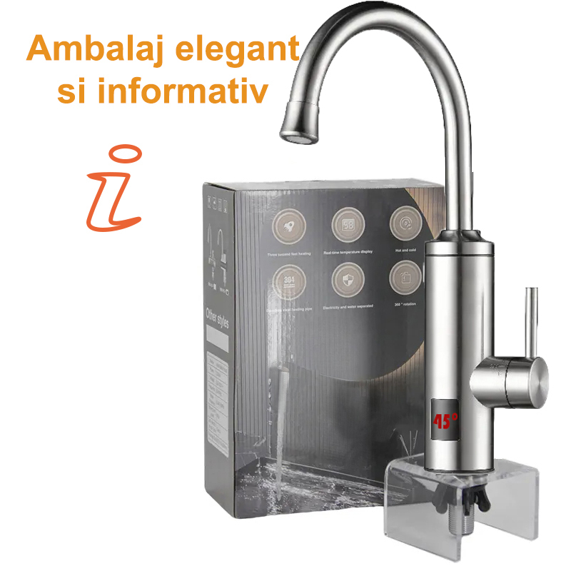 Robinet Instant pentru Apa Calda si Rece, Incalzire in doar 3 secunde, Afisaj Digital LED, 3300W, Corp din Otel Inoxidabil, Rotatie 360°, Culoare Argintiu, Stecher Detasabil si Cablul de 2m [3]