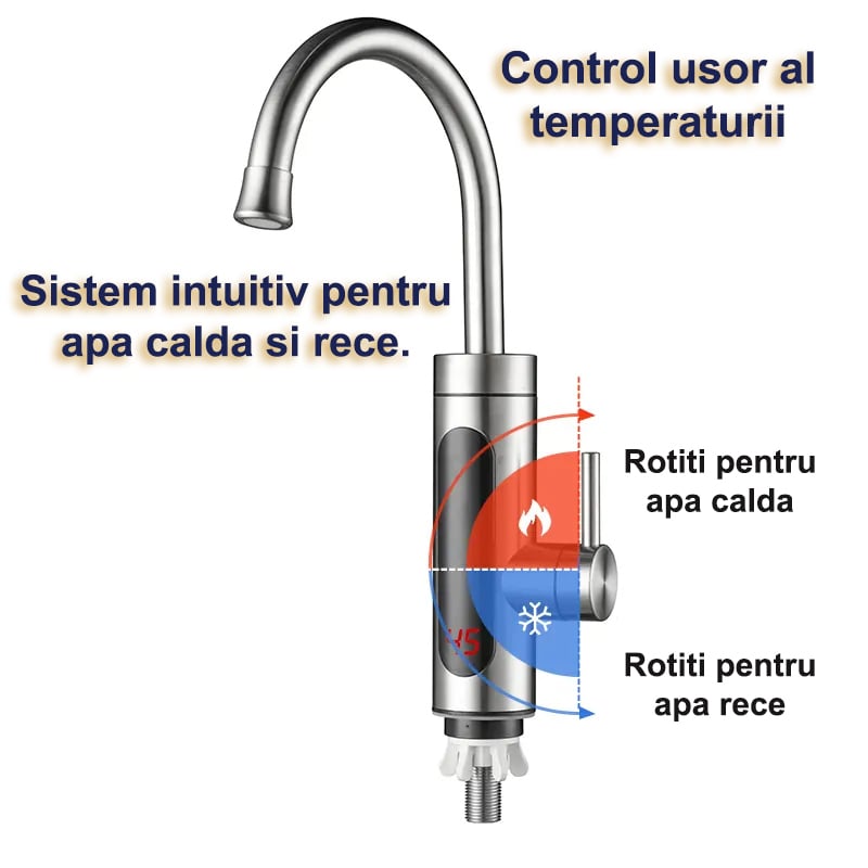 Robinet Instant pentru Apa Calda si Rece, Incalzire in doar 3 secunde, Afisaj Digital LED, 3300W, Corp din Otel Inoxidabil, Rotatie 360°, Culoare Argintiu, Stecher Detasabil si Cablul de 2m [2]