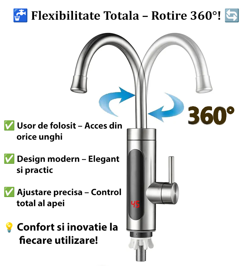 Robinet Instant pentru Apa Calda si Rece, Incalzire in doar 3 secunde, Afisaj Digital LED, 3300W, Corp din Otel Inoxidabil, Rotatie 360°, Culoare Argintiu, Stecher Detasabil si Cablul de 2m [4]
