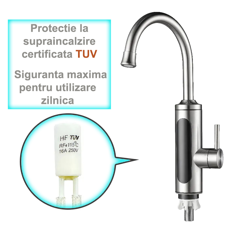 Robinet Instant pentru Apa Calda si Rece, Incalzire in doar 3 secunde, Afisaj Digital LED, 3300W, Corp din Otel Inoxidabil, Rotatie 360°, Culoare Argintiu, Stecher Detasabil si Cablul de 2m [7]