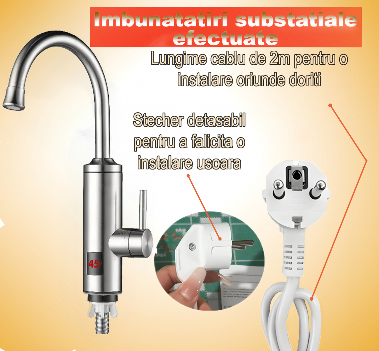 Robinet Instant pentru Apa Calda si Rece, Incalzire in doar 3 secunde, Afisaj Digital LED, 3300W, Corp din Otel Inoxidabil, Rotatie 360°, Culoare Argintiu, Stecher Detasabil si Cablul de 2m [1]