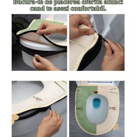 Husa Colac WC Confortabila, Moale si Calduroasa, Bumbac & Lana, Fermoar Practic, Verde cu Crem [4]