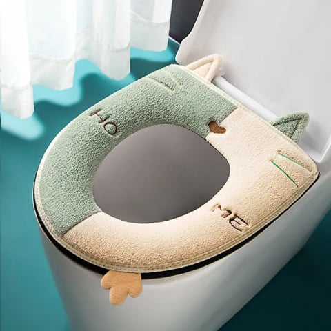 Accesorii vase de toaleta - Husa Colac WC Confortabila, Moale si Calduroasa, Bumbac & Lana, Fermoar Practic, Verde cu Crem