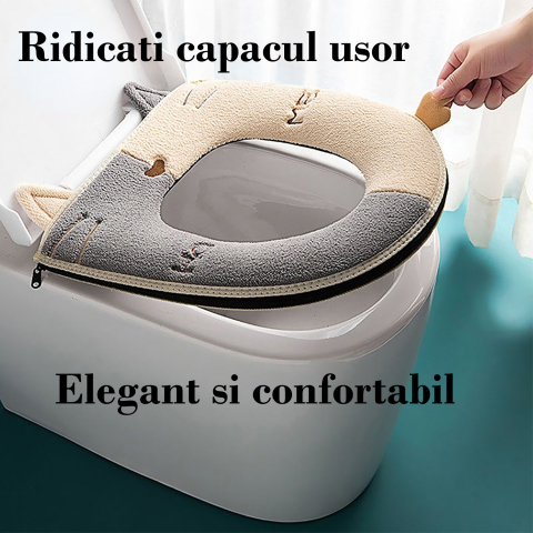 Husa Colac WC Confortabila, Moale si Pufos, Bumbac Rezistent, Fermoar Practic, Design Modern, Gri/Crem [6]