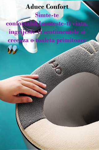 Accesorii vase de toaleta - Husa Colac WC Confortabila, Moale si Pufos, Bumbac Rezistent, Fermoar Practic, Design Modern, Gri/Crem
