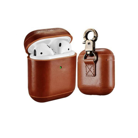 Husa de Protectie pentru casti, compatibile cu AirPods 1 si 2, din piele naturala de calitate, cu carlig rezistent, Design elegant, Maro [2]