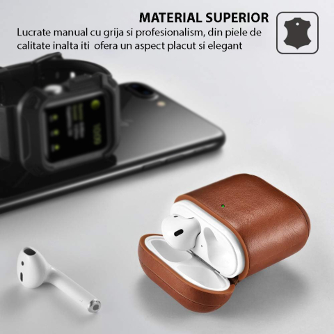 Husa de Protectie pentru casti, compatibile cu AirPods 1 si 2, din piele naturala de calitate, cu carlig rezistent, Design elegant, Maro [3]