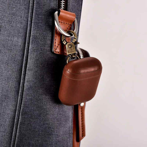 Husa de Protectie pentru casti, compatibile cu AirPods 1 si 2, din piele naturala de calitate, cu carlig rezistent, Design elegant, Maro [1]