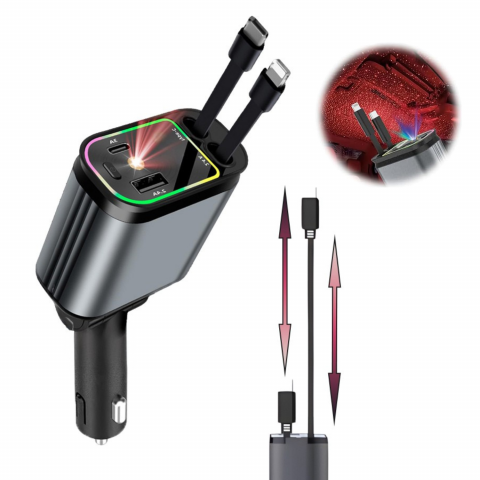 Incarcatoare telefoane - Incarcator Auto 4 in 1 Retractabil 66W, Incarcare Rapida, Proiectie Cer Instelat, Porturi USB + Type-C, Cabluri iPhone si Type-C, Reglaj 180°