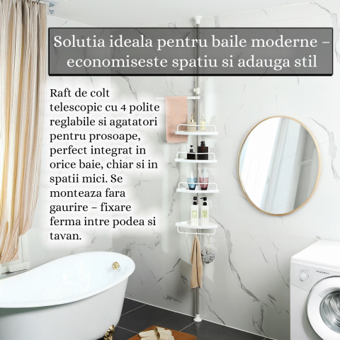 Raft telescopic de baie cu 4 polite reglabile, instalare fara gaurire, design modern alb [4]