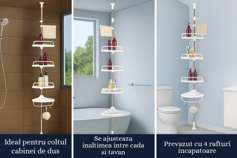 Raft telescopic de baie cu 4 polite reglabile, instalare fara gaurire, design modern alb [5]