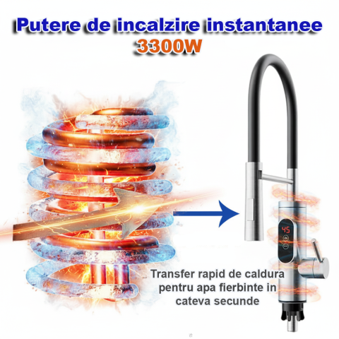 Robinet Electric, Bucatarie, Instant apa calda, Temperatura reglabila, Afisaj LED – Apa Calda, Rece in 3 Secunde, Putere 3300W, Design Modern din Otel Inoxidabil, Afisaj Digital al temperaturii, Ideal [4]