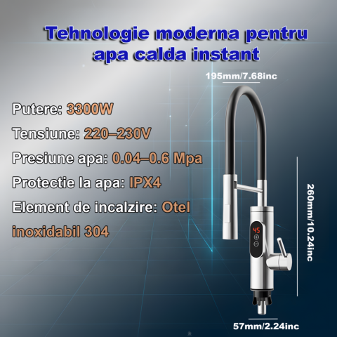 Robinet Electric, Bucatarie, Instant apa calda, Temperatura reglabila, Afisaj LED – Apa Calda, Rece in 3 Secunde, Putere 3300W, Design Modern din Otel Inoxidabil, Afisaj Digital al temperaturii, Ideal [7]