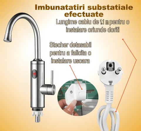 Robinet Instant pentru Apa Calda si Rece, Incalzire in doar 3 secunde, Afisaj Digital LED, 3300W, Corp din Otel Inoxidabil, Rotatie 360°, Culoare Argintiu, Stecher Detasabil si Cablul de 1.1m [10]