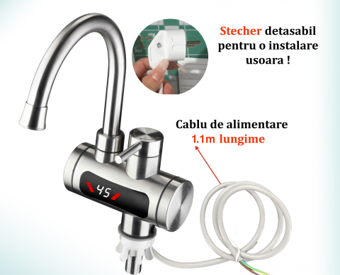Robinet Electric, Instant, Incalzitor Instantaneu, Putere 3300W cu Afisaj LED – Apa Calda sau Rece in 3 Secunde, Design Modern din Otel Inoxidabil, Afisaj Digital al Temperaturii, Ideal pentru Baie, Bucatarie si Exterior, Rotire 360°, Instalare Rapida, Cablul de Alimentare de 1.1m si Stecher Detasabil [8]