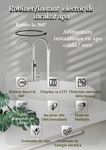 Robinet Electric Instant Apa Calda si Rece TK32A - Afisaj LED, Incalzire Rapida 3200W, Otel Inoxidabil, Cablu 2m si Stecher Detasabil [2]