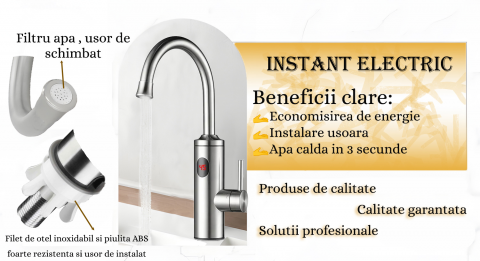 Robinet Instant apa calda,  Incalzitor Instantaneu, cu Afisaj LED – Apa Calda sau Rece in 3 Secunde,  Putere 3300W, Design Modern din Otel Inoxidabil, Afisaj Digital al temperaturii, Ideal pentru Baie, Bucatarie si Exterior, Rotire 360°, Instalare Rapida [2]