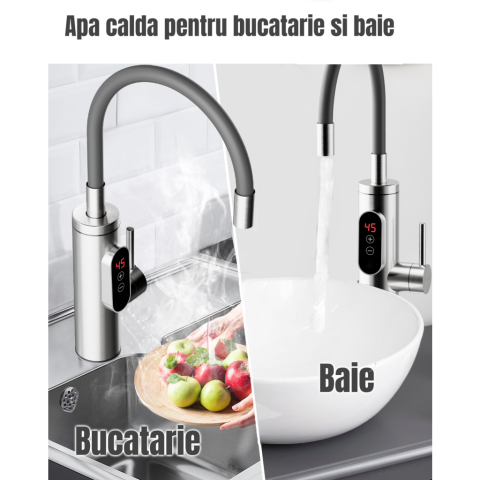 Robinet Instant apa calda, Temperatura reglabila, cu Afisaj LED – Apa Calda sau Rece in 3 Secunde, Putere 3300W, Design Modern din Otel Inoxidabil, Afisaj Digital al temperaturii, Ideal pentru Baie, B [8]