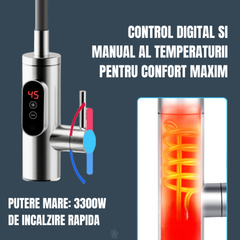 Robinet Instant apa calda, Temperatura reglabila, cu Afisaj LED – Apa Calda sau Rece in 3 Secunde, Putere 3300W, Design Modern din Otel Inoxidabil, Afisaj Digital al temperaturii, Ideal pentru Baie, B [2]